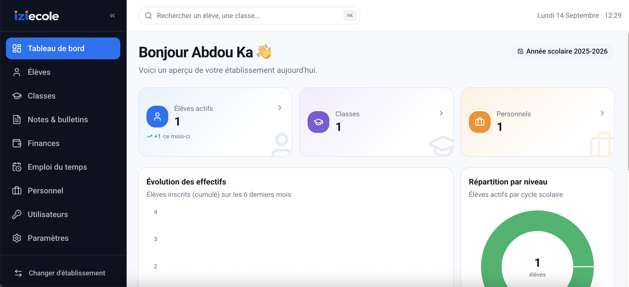 Tableau de bord iziecole