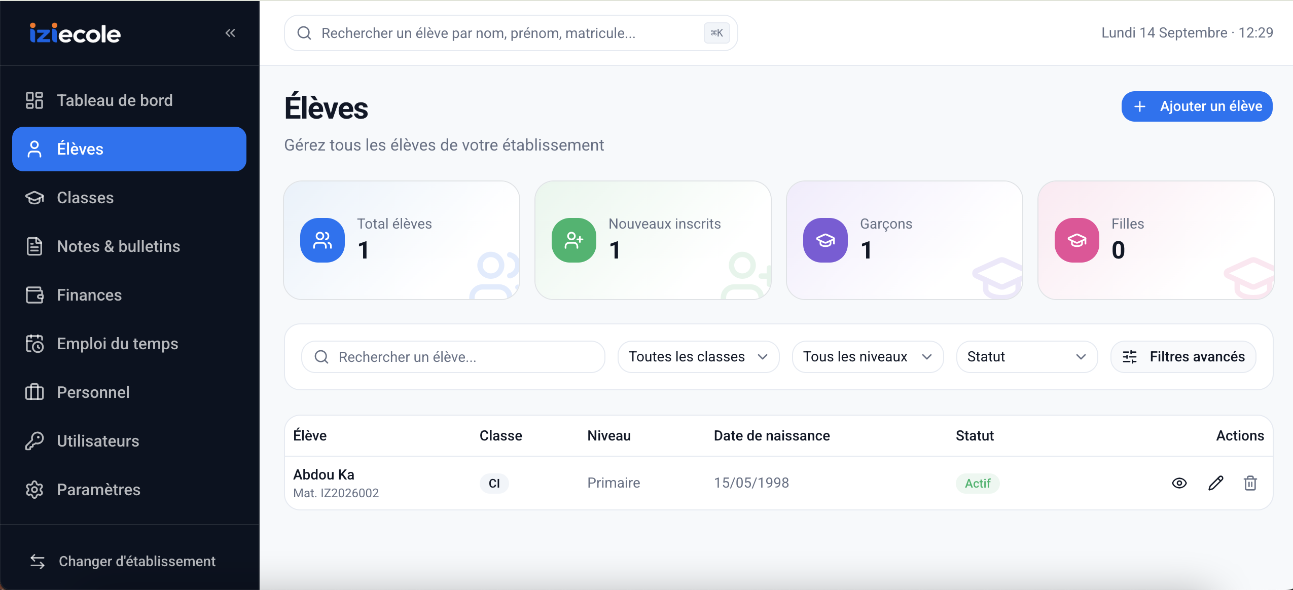 Liste des élèves dans iziecole